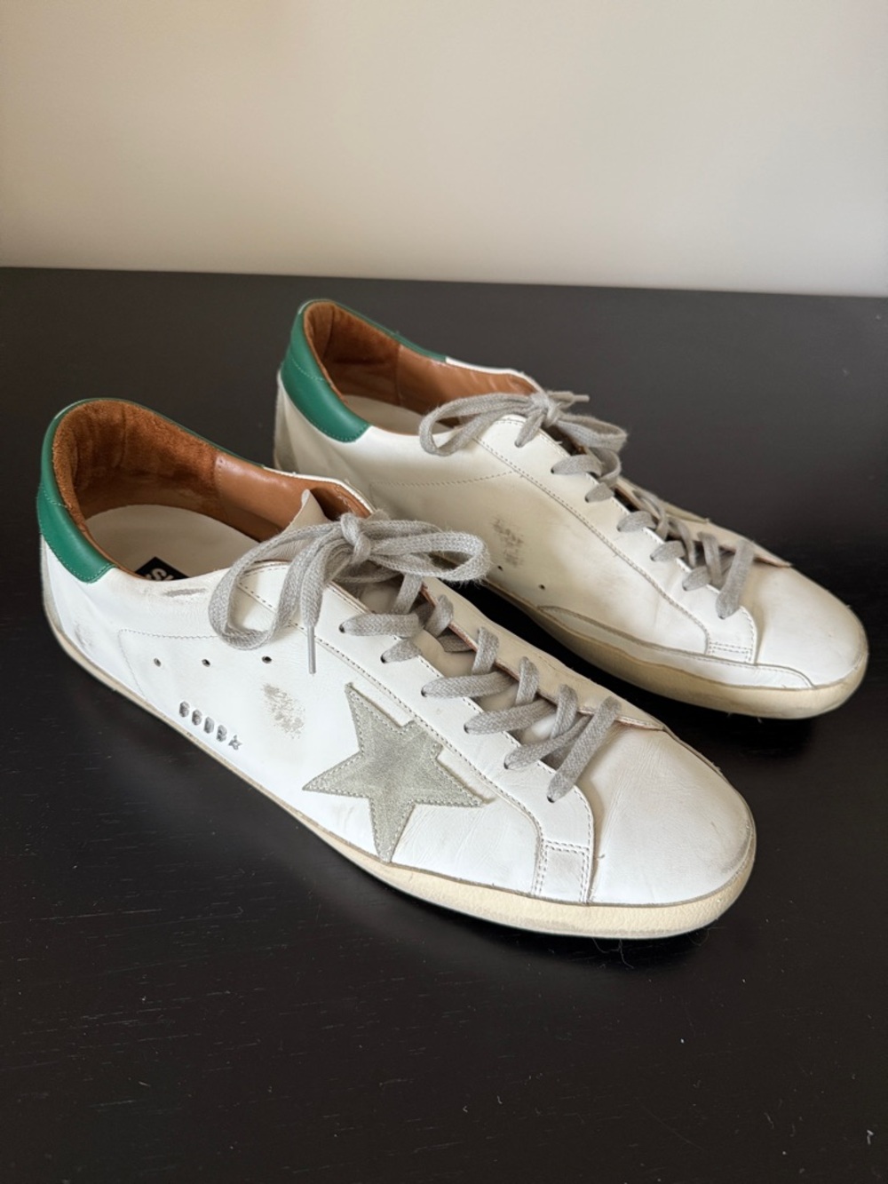 Golden Goose Super-Star Leather Sneakers with Green Heel and Gray Suede Star